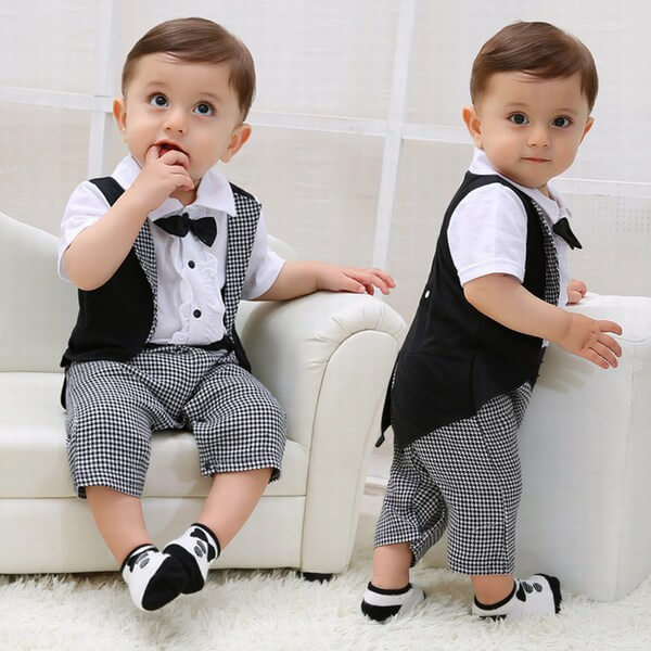 Little boy One Piece Wedding Tuxedo Formal Check Romper Outfit