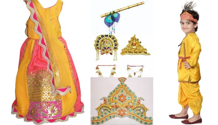 Raj Fancy Dresses Shri Krishna Dress for Baby Boy & Girl, Janmashtmi Dress  with Diaper-friendly Dhoti & Dupatta, Mor Pankh Mukut (Dress-Pagri-Flower,  3 Months) : Amazon.in: Clothing & Accessories