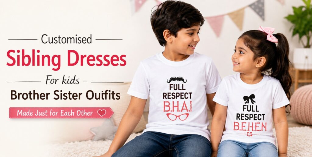 Customised brother sister T-shirts for kids wearing matching Bhai Behen sibling outfits
