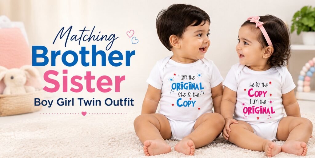 Matching brother sister twin outfits for boy and girl in personalised white sibling onesies