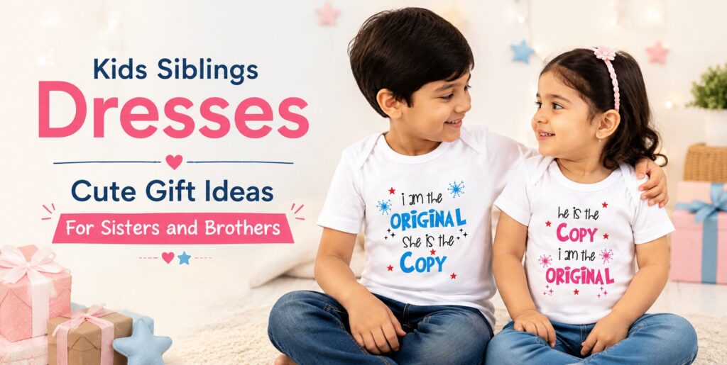 Brother and sister wearing matching sibling T-shirts, a cute personalised gift idea for kids