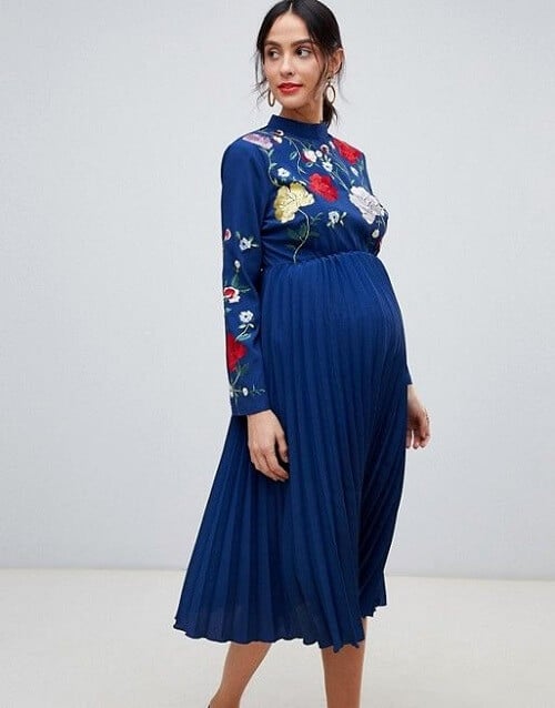 Maternity Embroidered Pleated Midi Dress online India