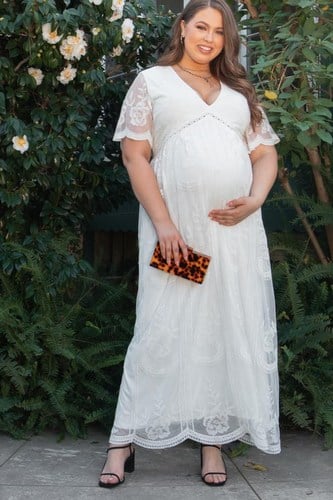 White Lace Mesh Overlay Plus Maternity Gown for Women