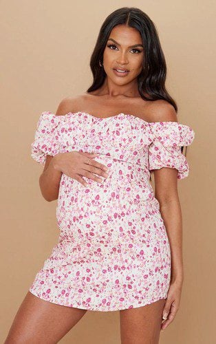 Pink Floral Puff Sleeve Maternity Dress