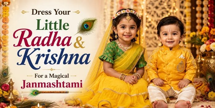 Little Radha and Krishna in traditional kids costumes