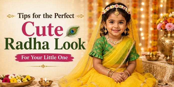 Cute Radha Tips Baby girl dressed as Little Radha in yellow and green traditional outfit