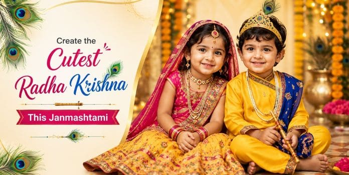 Little Radha and Krishna dressed in traditional Janmashtami costumes