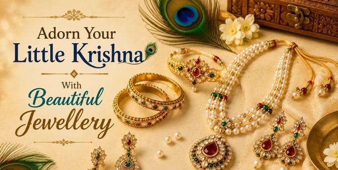 Krishna costume jewellery with pearl mala, kundal and bangles