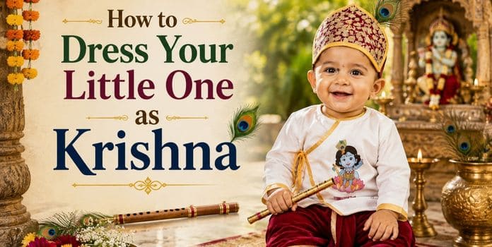 Baby dressed as Little Krishna in traditional kurta dhoti with bansuri