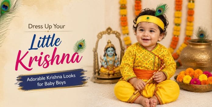 Baby boy wearing traditional Krishna dress for Janmashtami