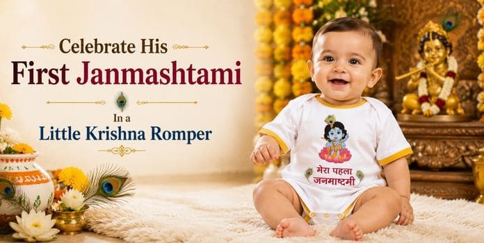 Baby boy wearing Little Krishna First Janmashtami romper with Krishna print
