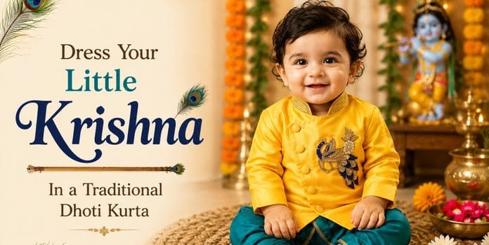 Baby boy wearing traditional Little Krishna dhoti kurta set