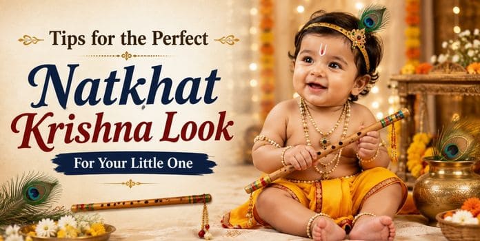Baby dressed as Natkhat Krishna with yellow dhoti, bansuri and peacock feather