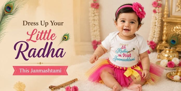 Baby girl Radha onesie with pink and yellow tutu for Janmashtami