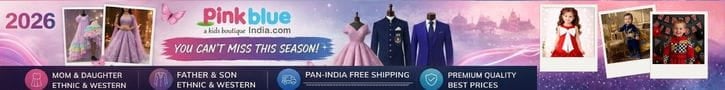 Pink Blue India banner showcasing kids dresses birthday outfits and baby wear
