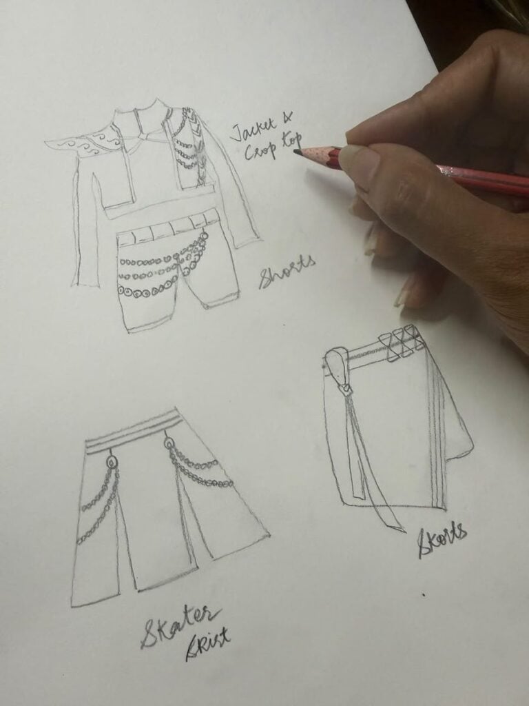 Sketch (options) Fashion designer's sketch turning an AI K-Pop Demon Hunters costume idea into a buildable design