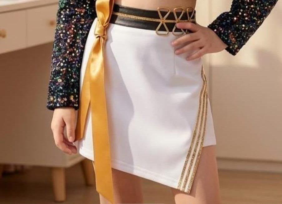 .white-skirt-gold-chain-detai lWhite wrap skirt with gold chain detailing and sash for a K-Pop Demon Hunters costume