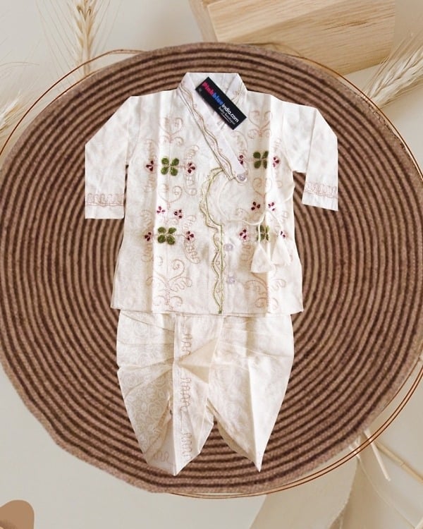 Kids traditional off-white dress with red-green embroidery dhoti, festive and cute