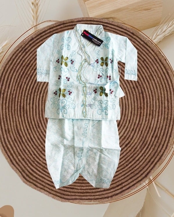 Light blue baby boy cotton kurta with dhoti, embroidered, comfortable festive wear