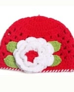 Bright red baby cap with white flower for baby girl, stylish knitted winter wear