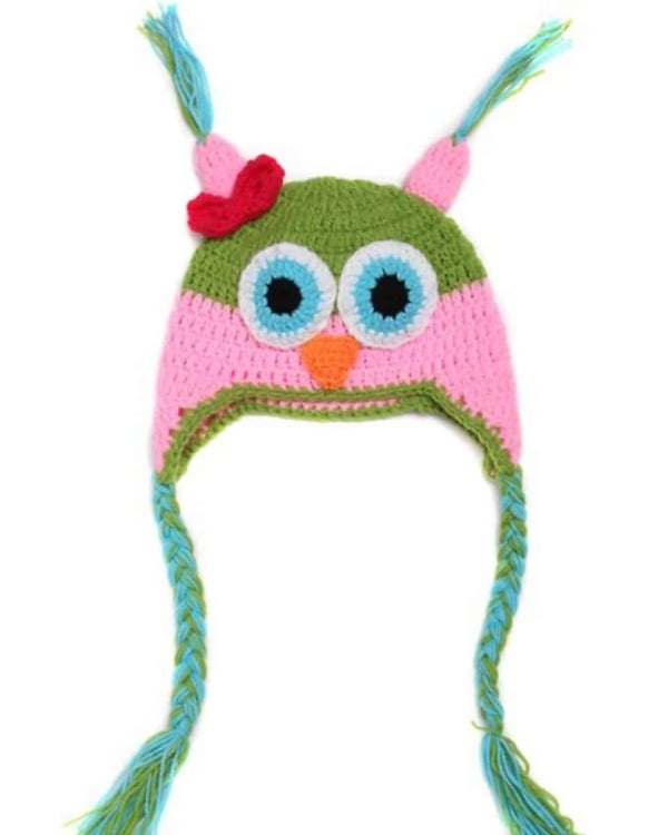 Pink green crochet cap with plaits for baby girl, cute winter hat for daily wear