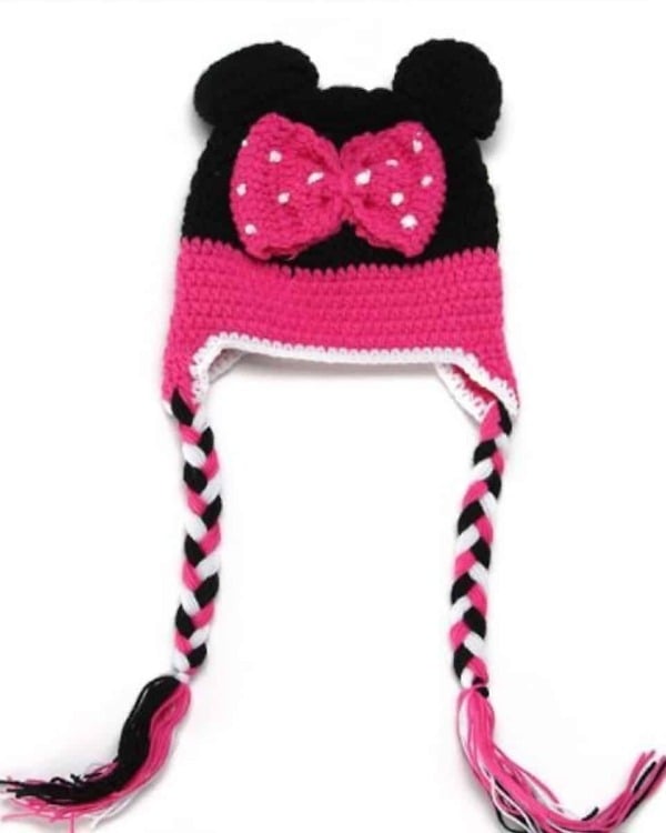 Pink Mickey crochet hat for baby girl, cute character winter cap for daily wear