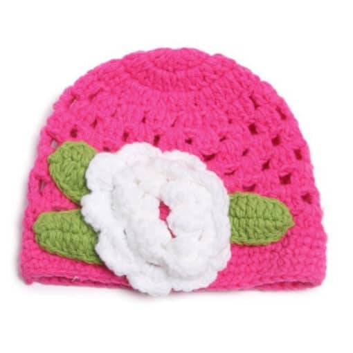 Beautiful Pink Crochet Winter Cap with White Flower for Kids