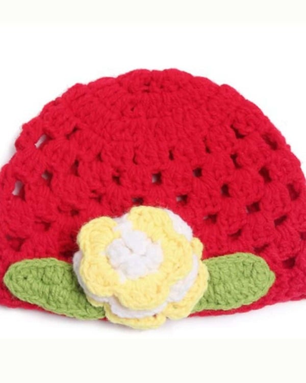 Red knitted baby cap with yellow flower for baby girl, stylish and warm for winter outings