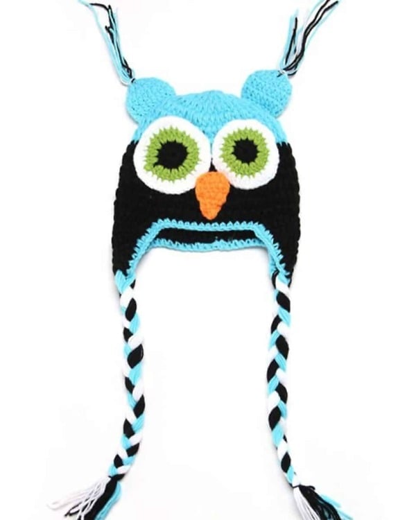 Sky blue black winter cap with plaits for baby boy, warm and comfortable daily wear