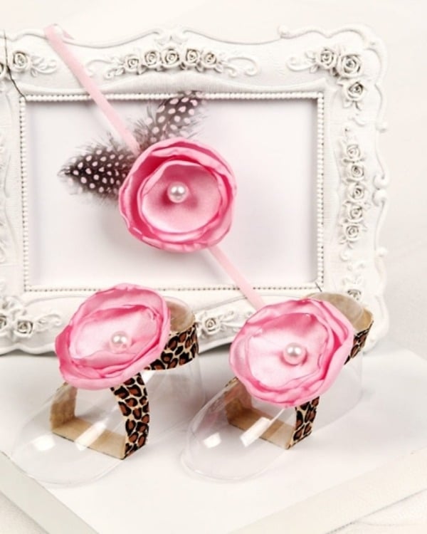 Baby barefoot sandals with pink flowers, stylish and cute for special occasions