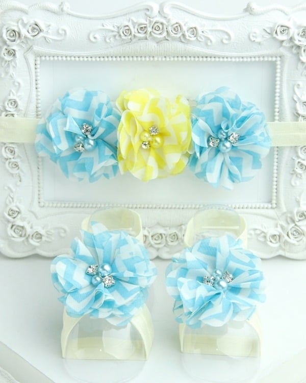 Baby flower barefoot sandals in cream with yellow and sky blue, cute for parties