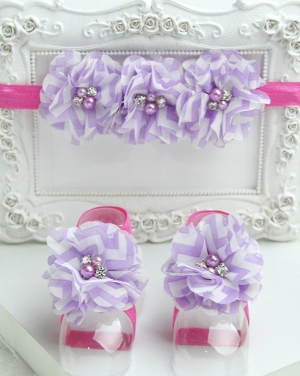 Baby girl barefoot sandals pink lavender flower design stylish occasion accessory