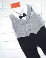 Black and white infant romper suit with check tuxedo, stylish and cute for parties or gifting