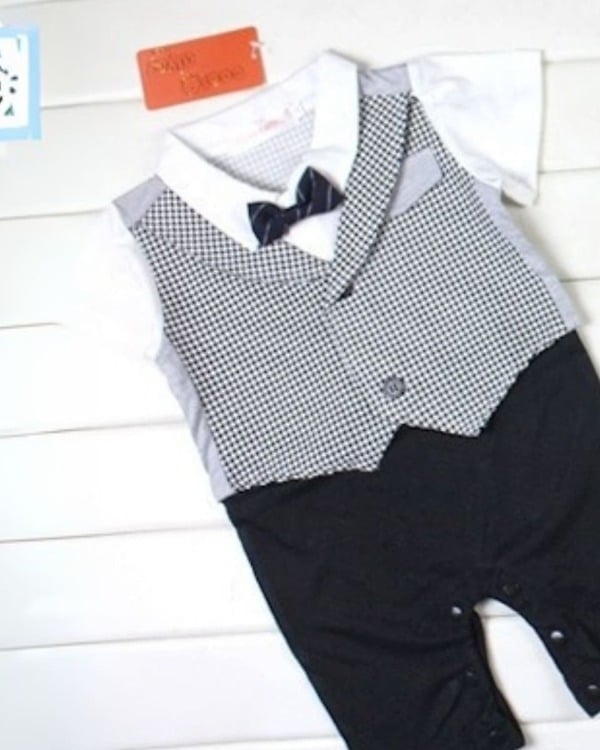 Black and white infant romper suit with check tuxedo, stylish and cute for parties or gifting