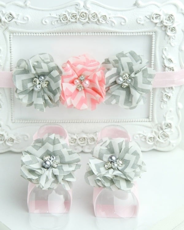 Infant barefoot sandals in baby pink and grey striped flowers, stylish and festive