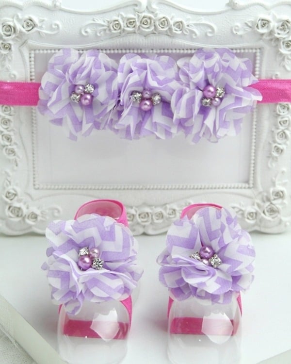 Lavender and pink barefoot sandals for baby girls, comfortable and cute for festivals or gifting