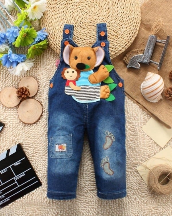 Bear theme blue denim romper unisex toddler outfit gifting idea
