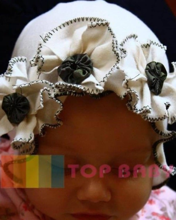 White baby cap with floral design soft cotton gift