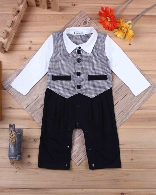 Black and white infant formal wear with check tuxedo, stylish and cute for weddings or gifting