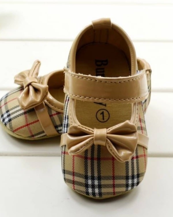 Camel color wedding shoes for baby girl, stylish and festive