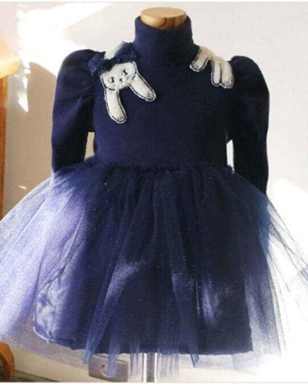 Dark blue posh party dress with net flare for baby girls, stylish outfit