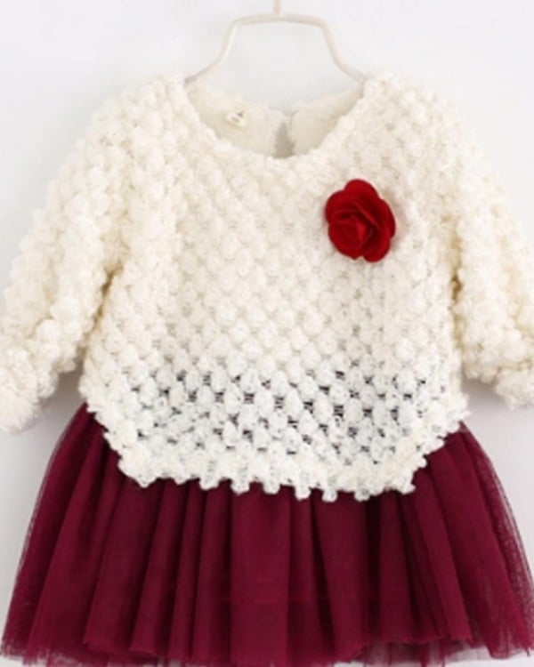 Off-white and maroon infant winter party dress, elegant and cute