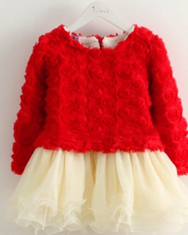 Red floral baby girl winter dress, stylish birthday or festival outfit