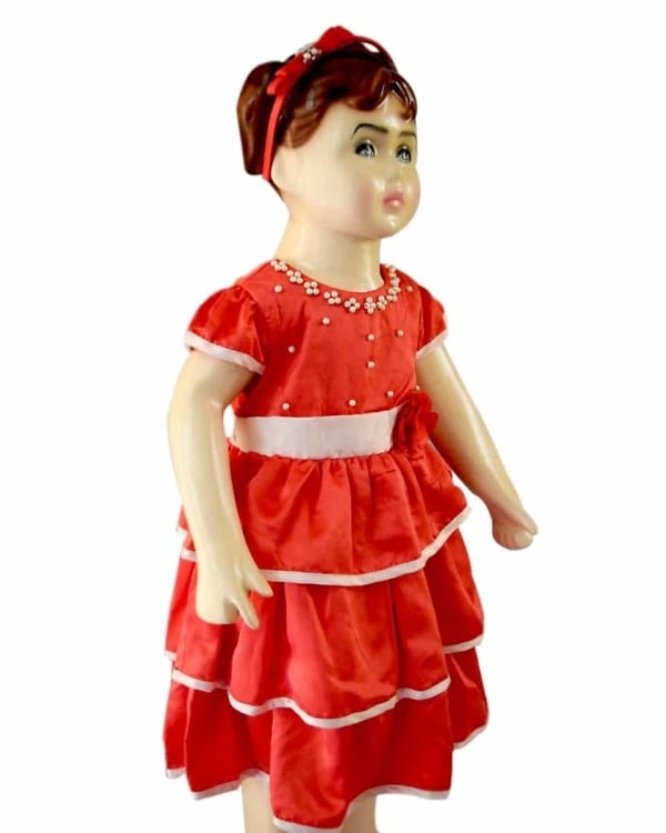 Tomato red ruffle dress with pearls, baby girl, birthday party, stylish and cute