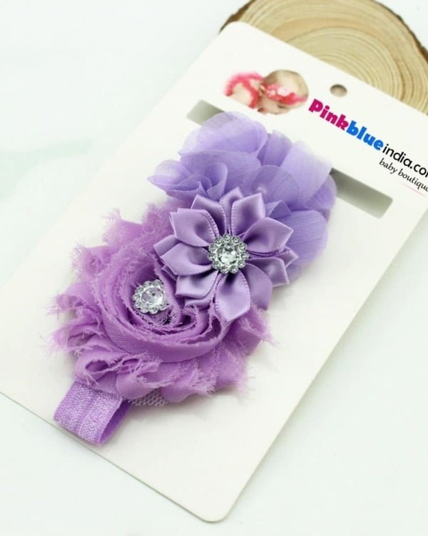 Baby headband with three lavender flowers, cute and stylish for gifting or festivals