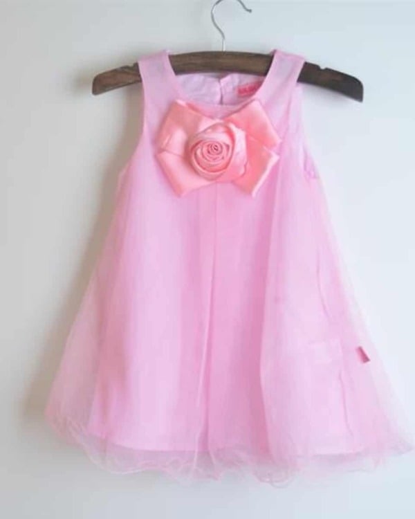 Baby pink special occasion dress with peach bow, cute party outfit