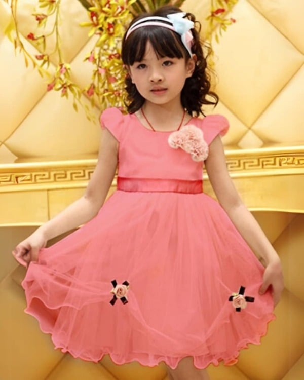 Peach formal birthday dress for baby girls, stylish & gift-ready
