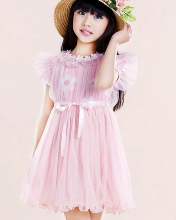 Peach pink net formal dress for young toddlers, cute and stylish