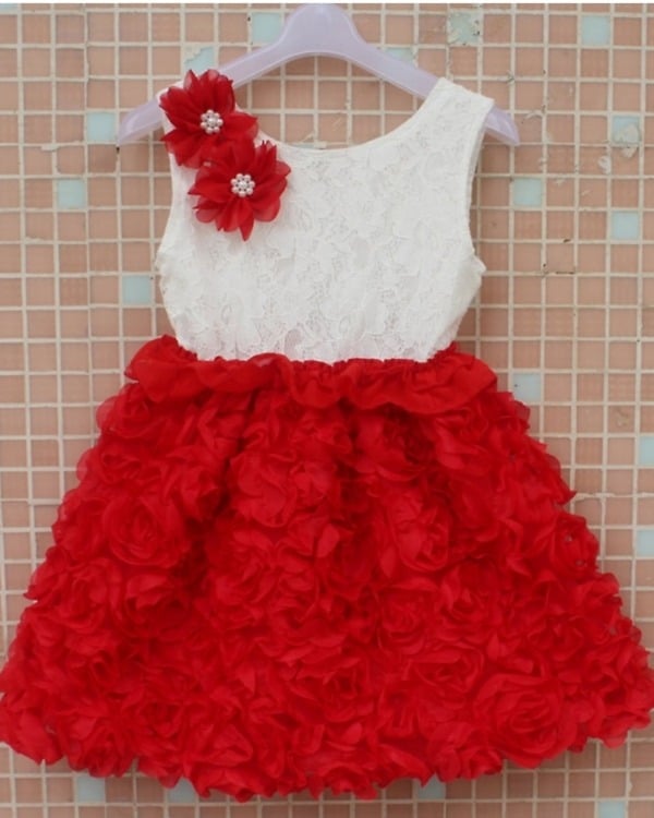 Red white rose kids dress, cute birthday or party wear