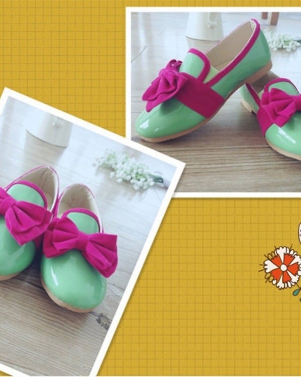 Birthday shoes for girls in pastel green with pink bow, stylish and cute